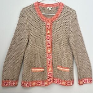 J Jill Linen Open Knit Crochet Cardigan Beige Granny Square Size Medium Petite